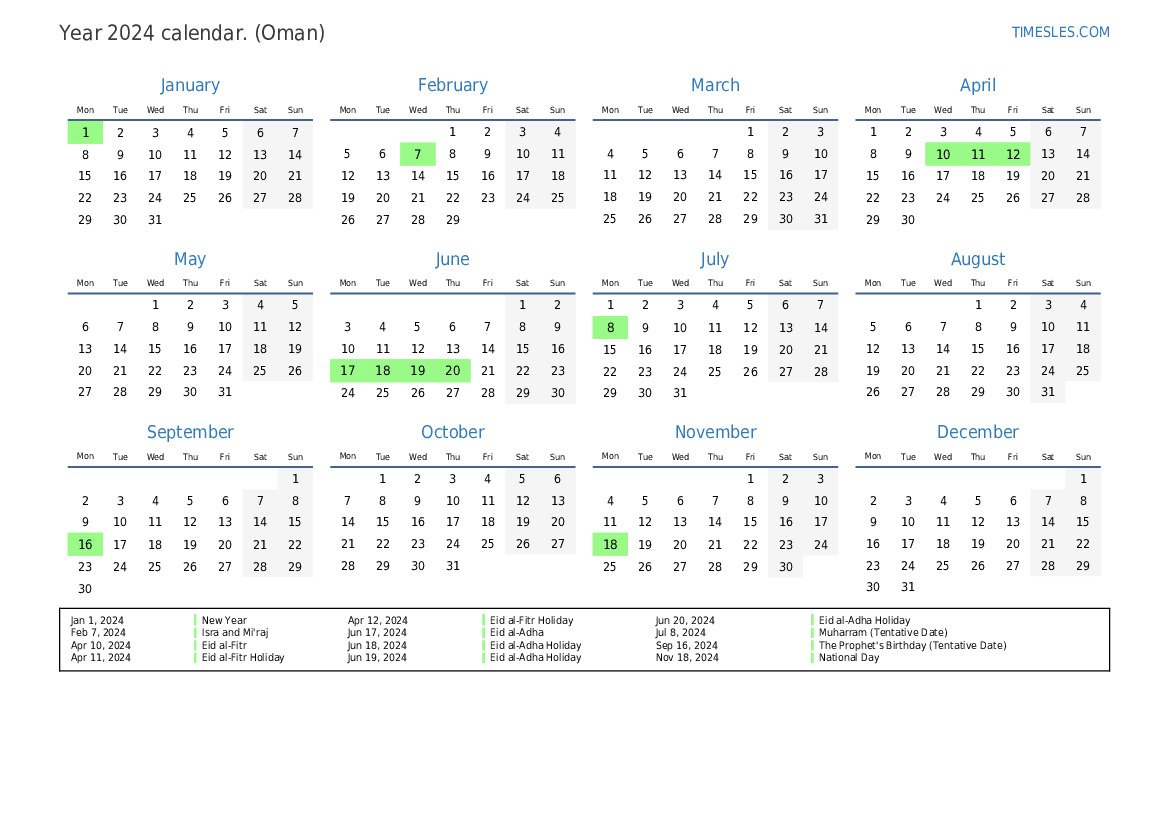 Calendar for 2024 with holidays in Oman Print and download calendar