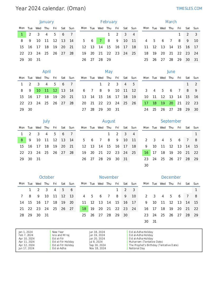 Calendar for 2024 with holidays in Oman Print and download calendar