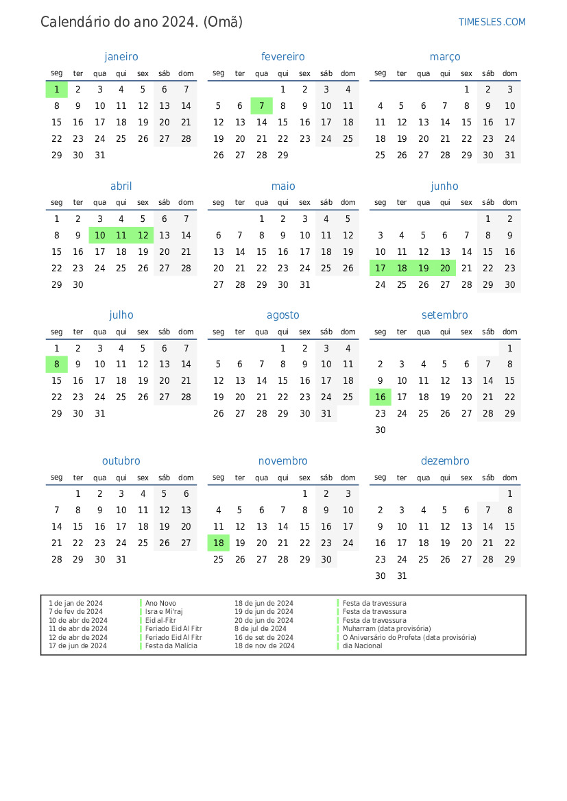 Calendário 2024 com feriados em Omã Imprimir e baixar calendário
