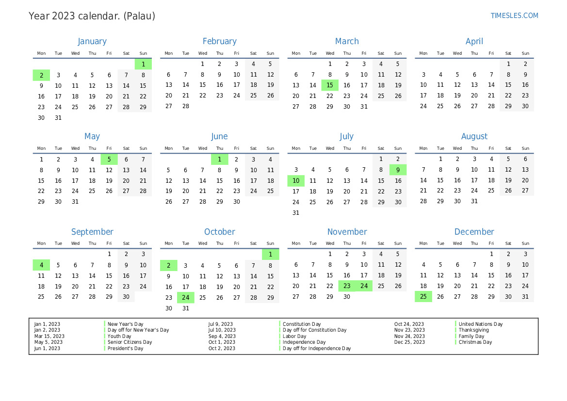 Calendar for 2023 with holidays in Palau Print and download calendar