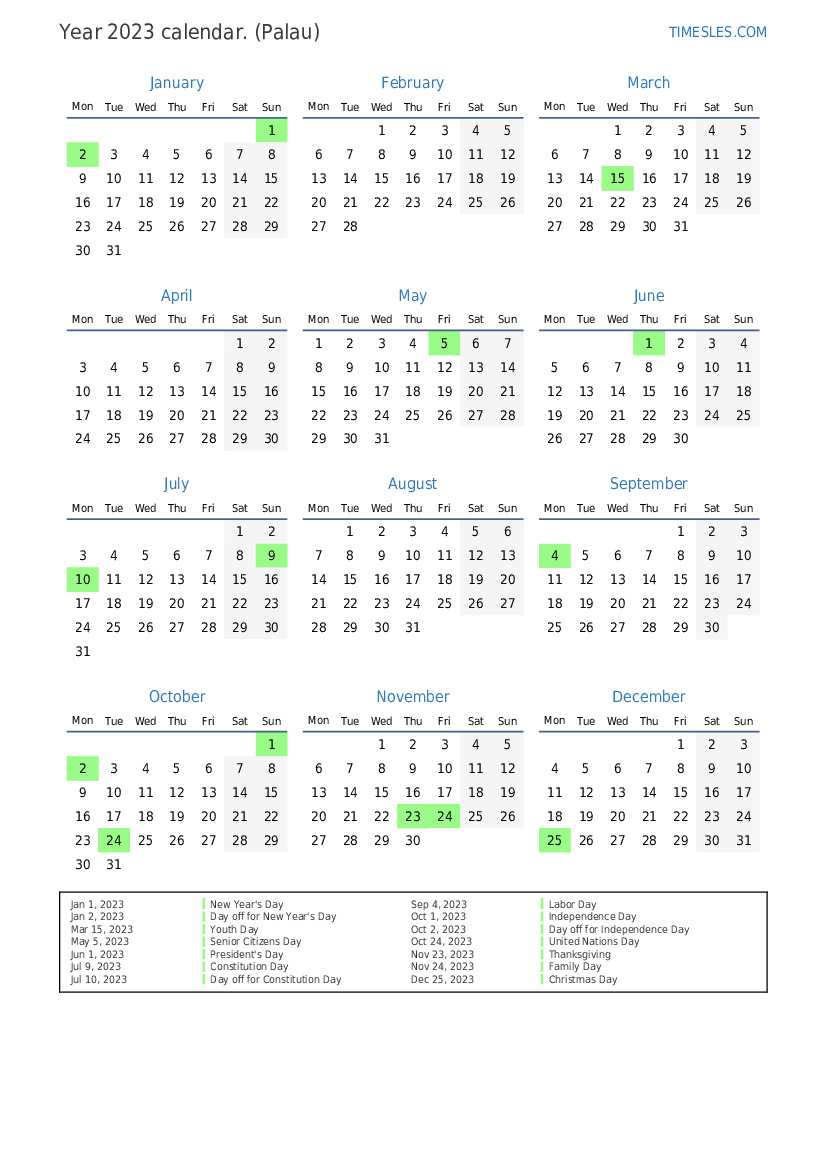 Calendar for 2023 with holidays in Palau | Print and download calendar