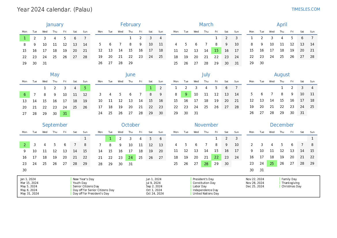 Calendar for 2024 with holidays in Palau Print and download calendar