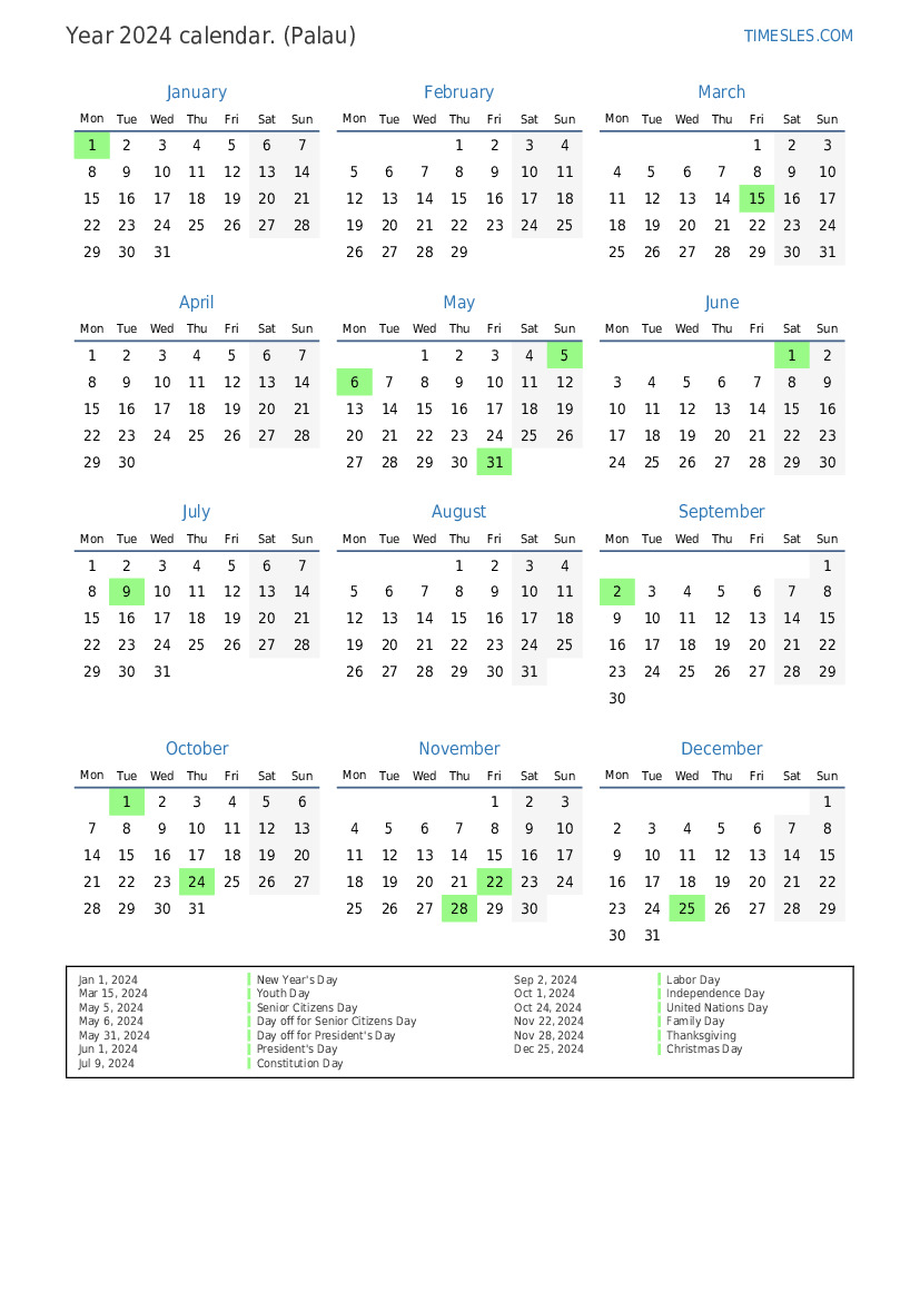 Calendar for 2024 with holidays in Palau Print and download calendar
