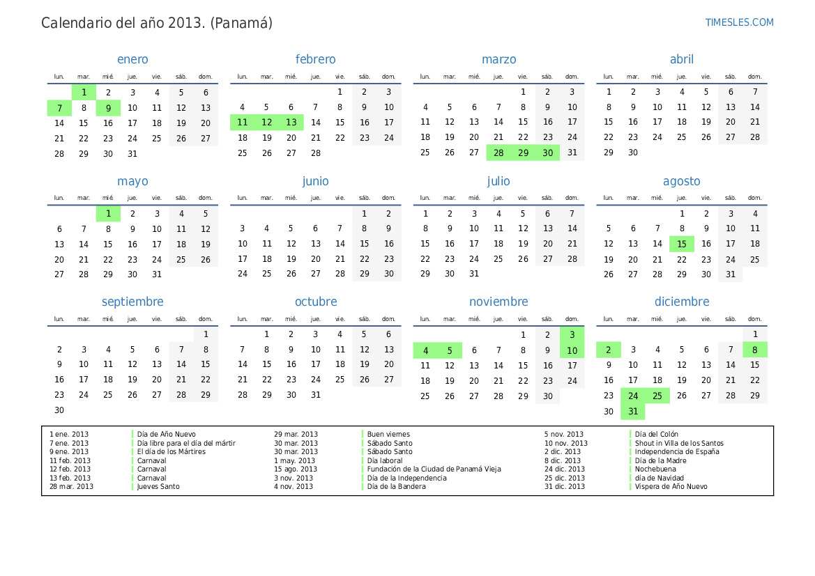 Calendario 2013 con días festivos en panamá | Imprimir y descargar ...