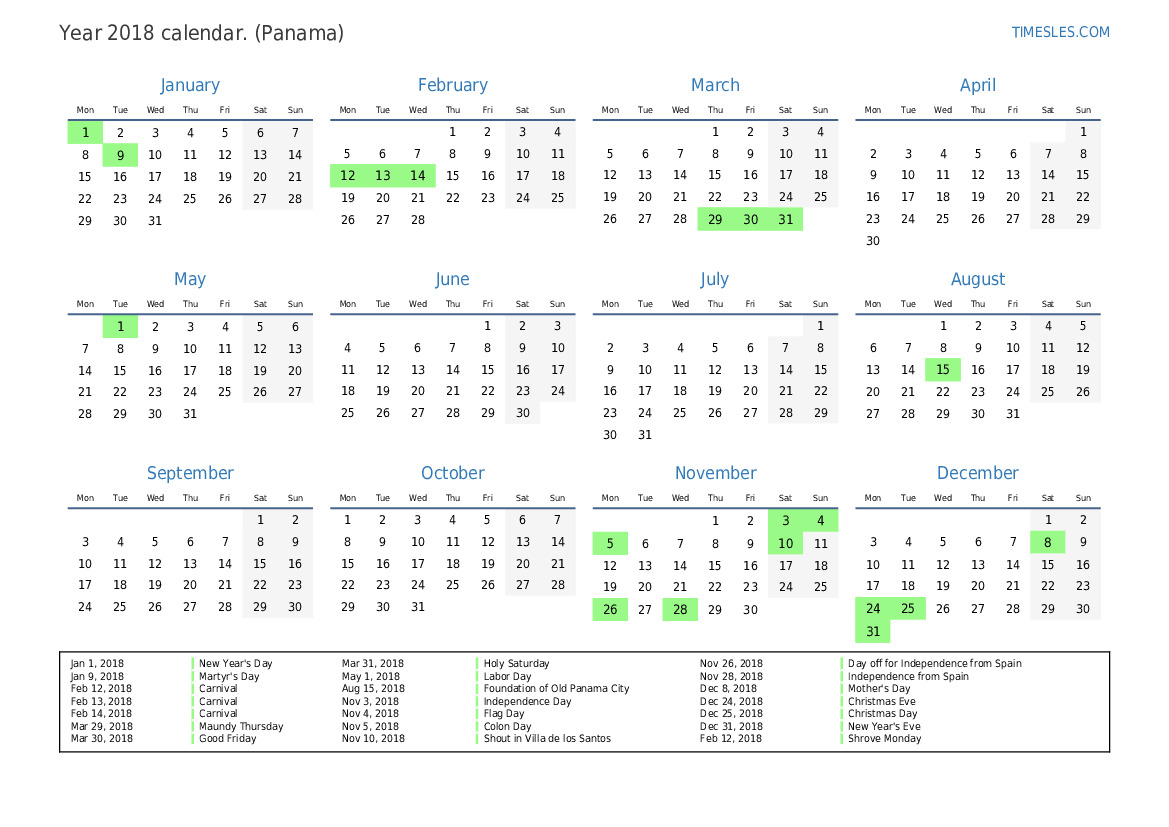 Calendar for 2018 with holidays in Panama Print and download calendar