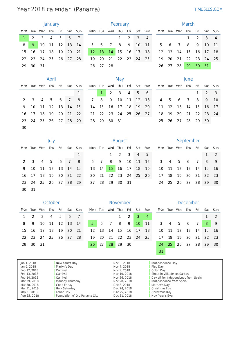 Calendar for 2018 with holidays in Panama Print and download calendar