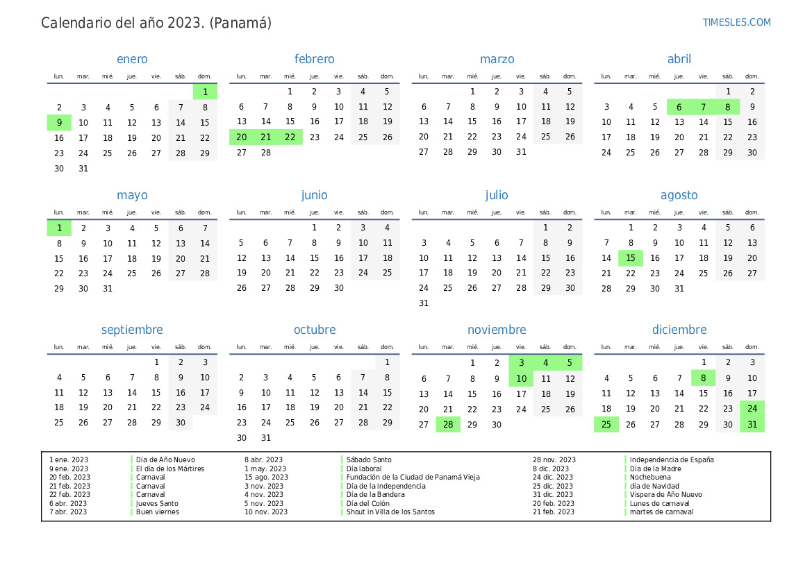 Calendario 2023 con días festivos en panamá Imprimir y descargar
