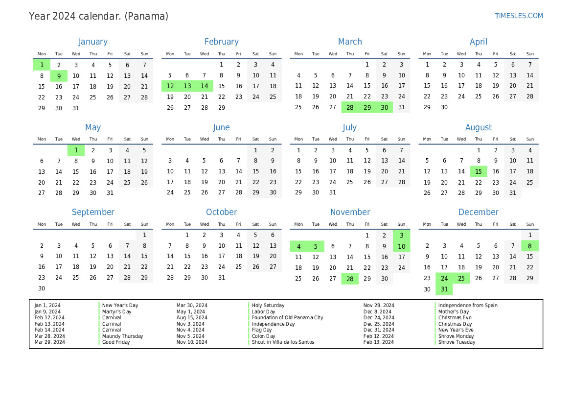 Calendar for 2024 with holidays in Panama | Print and download calendar