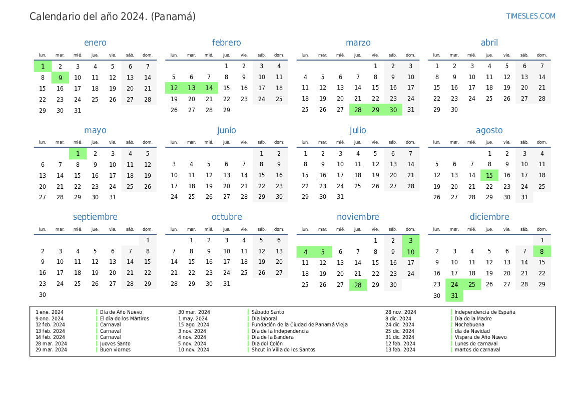 Calendario 2024 con días festivos en panamá Imprimir y descargar