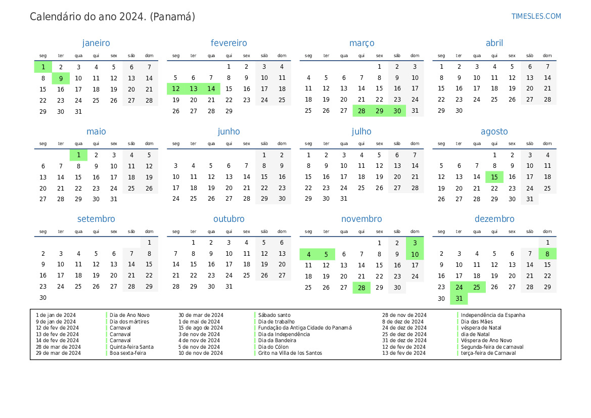Calendário 2024 com feriados no panamá Imprimir e baixar calendário