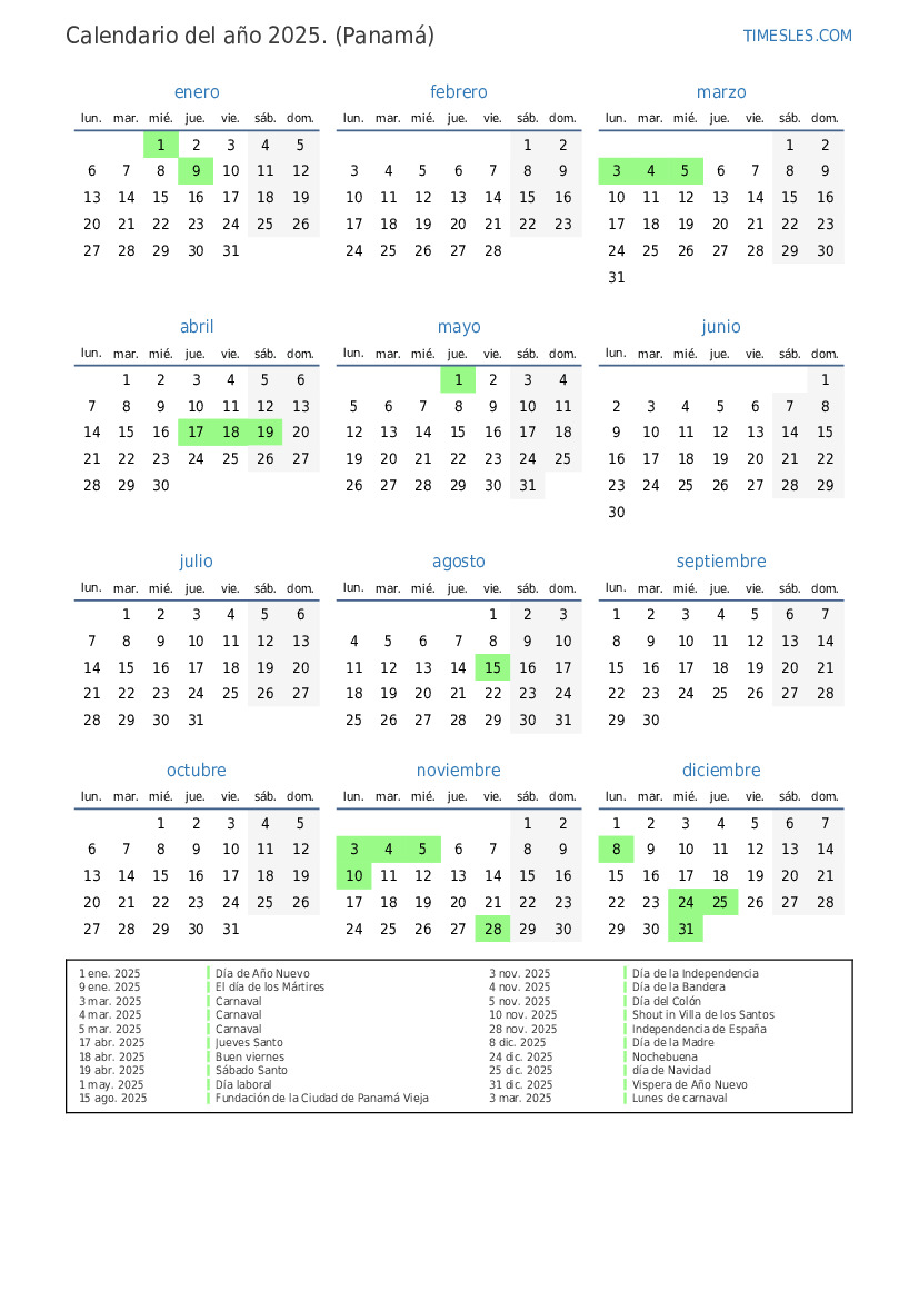 Calendario Festivos En Panama