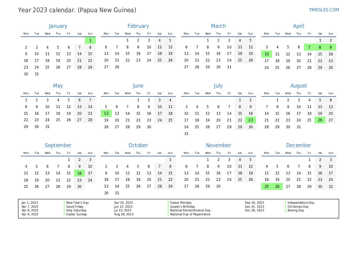 Calendar for 2023 with holidays in Papua New Guinea Print and
