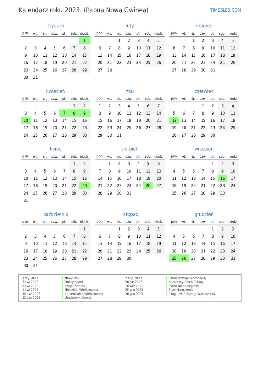 Kalendarz na 2023 rok z wakacjami w Papui Nowej Gwinei Wydrukuj i