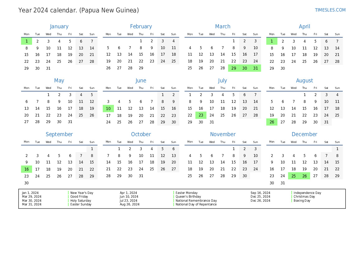 Calendar for 2024 with holidays in Papua New Guinea Print and