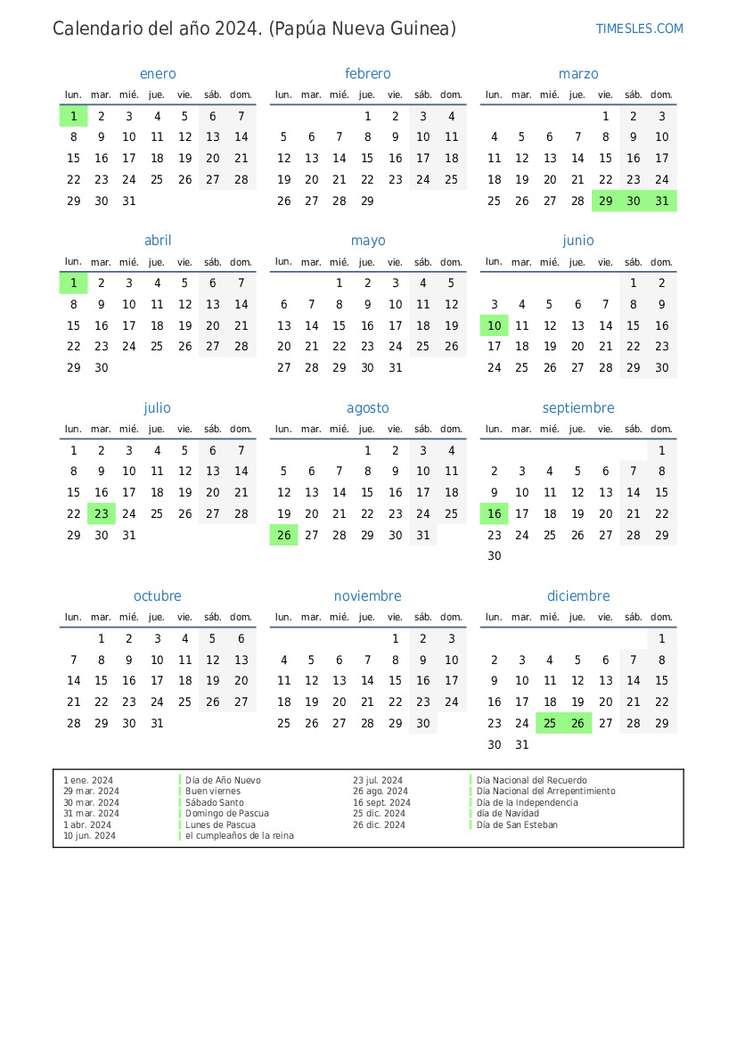 Calendar Yearly 2024 P Es Papua New Guinea 161 