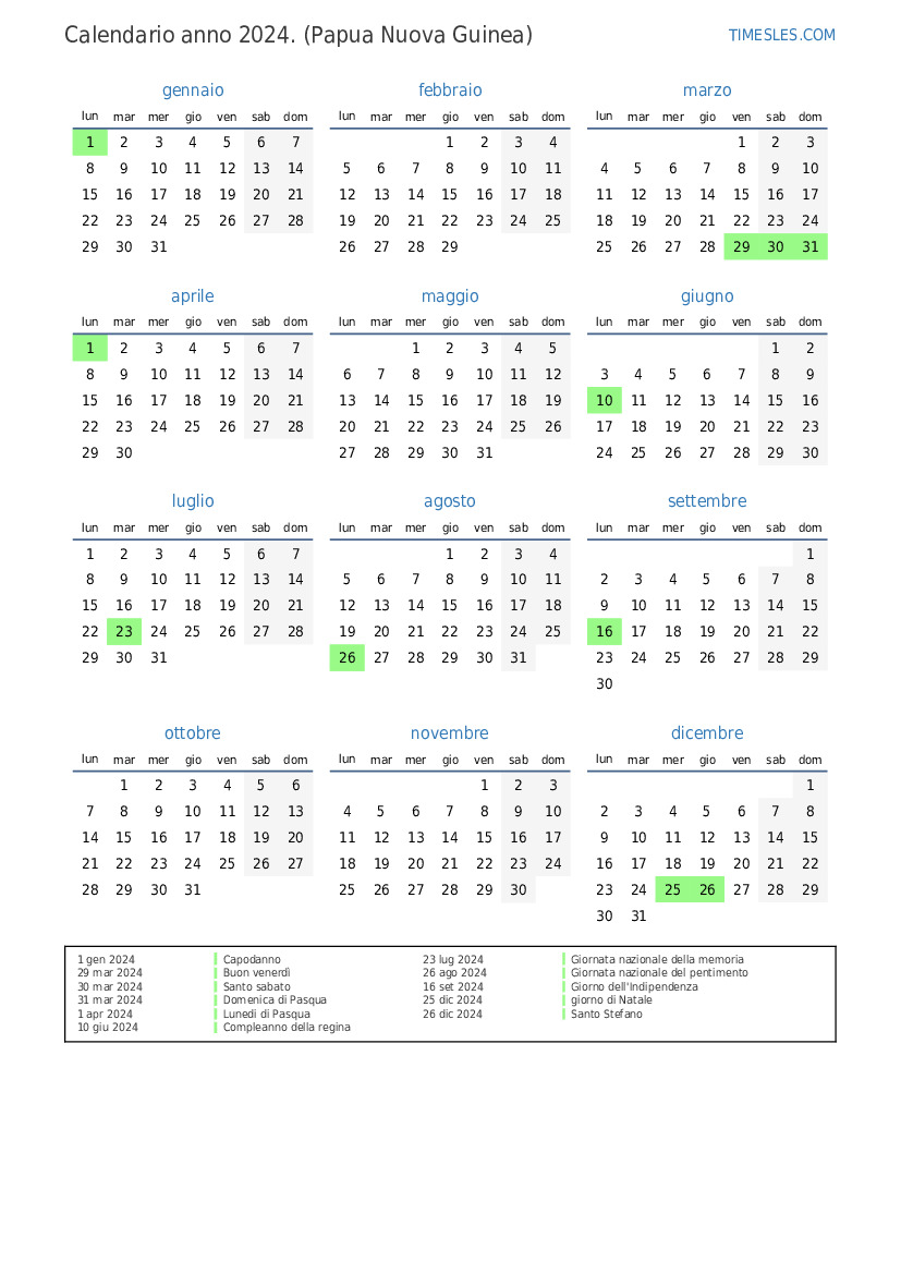 Calendario per il 2024 con giorni festivi in Papua Nuova Guinea
