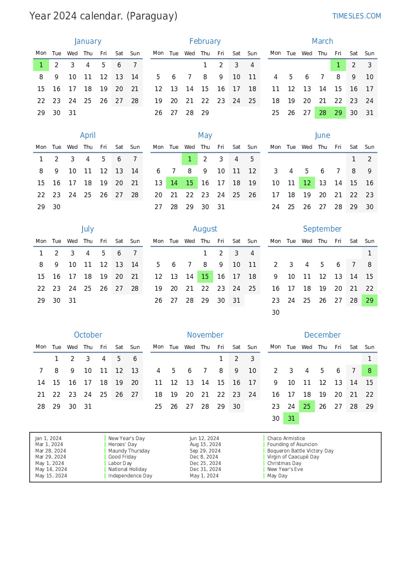 Calendar for 2024 with holidays in Paraguay Print and download calendar