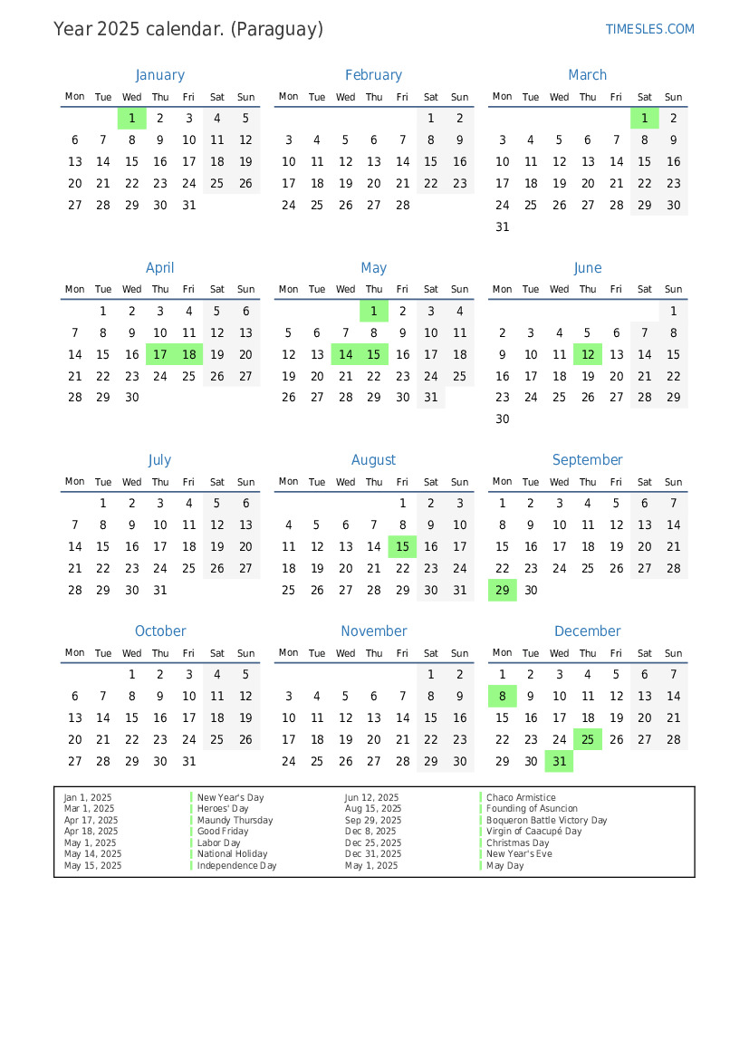 Calendar for 2025 with holidays in Paraguay Print and download calendar