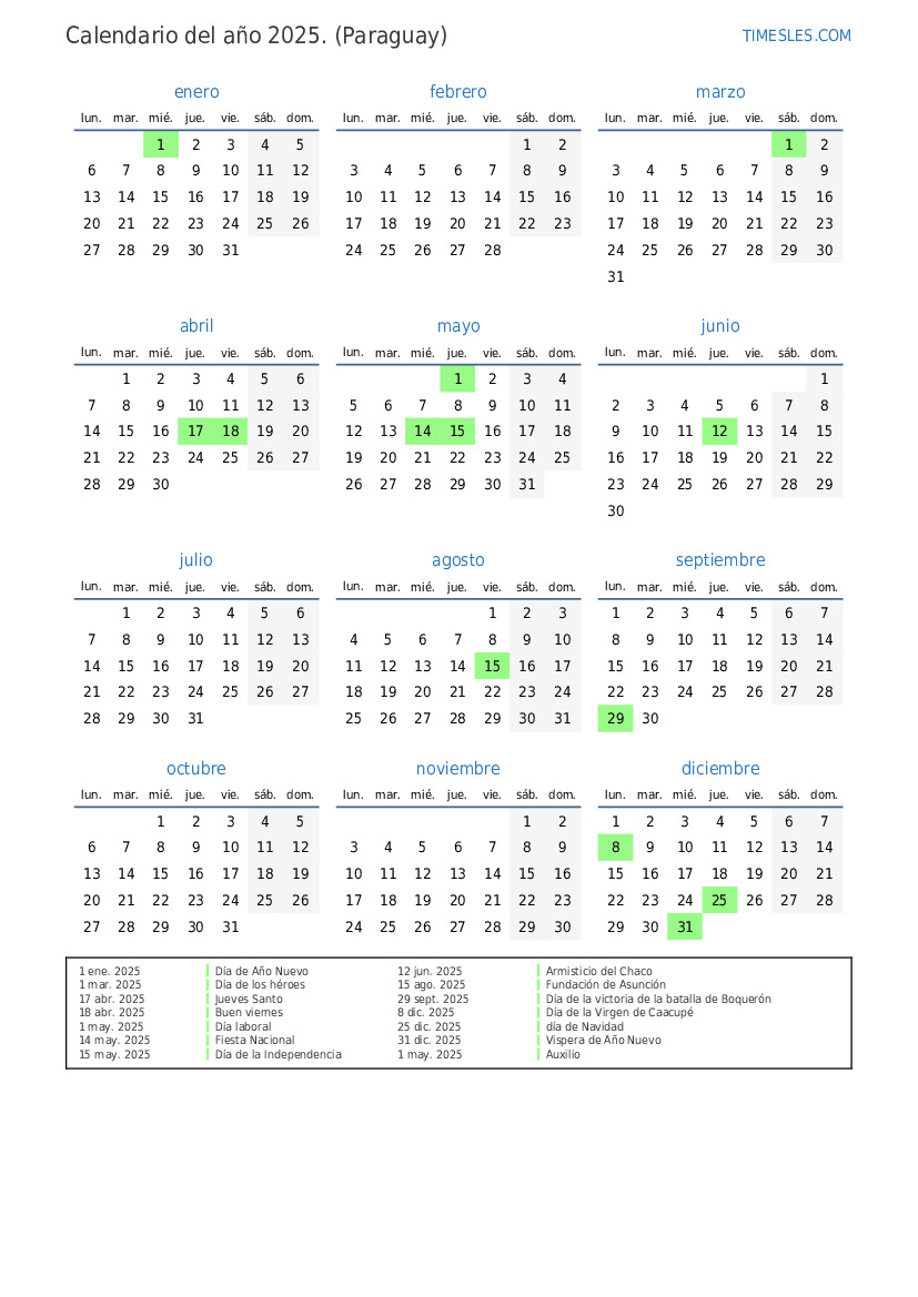 Calendario 2025 con días festivos en Paraguay Imprimir y descargar calendario