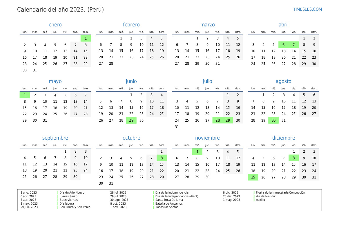 Calendario 2023 Con Festivos Peru IMAGESEE