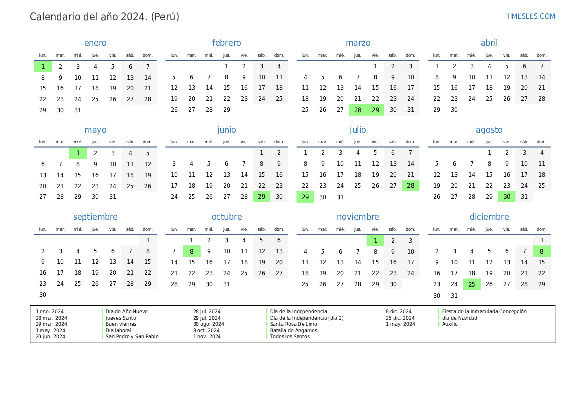 Calendario 2024 con días festivos en Perú Imprimir y descargar calendario