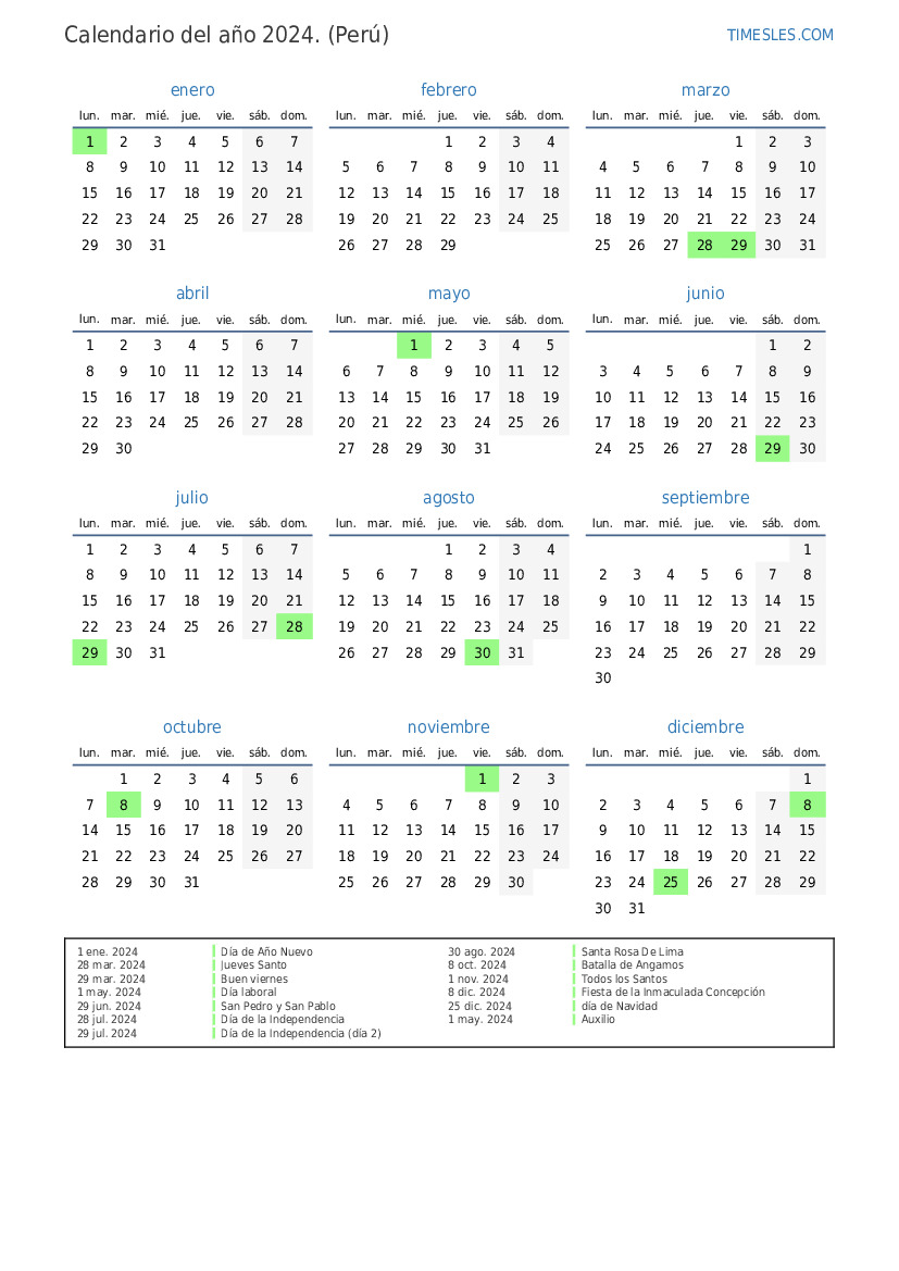 Calendario 2024 con días festivos en Perú Imprimir y descargar calendario