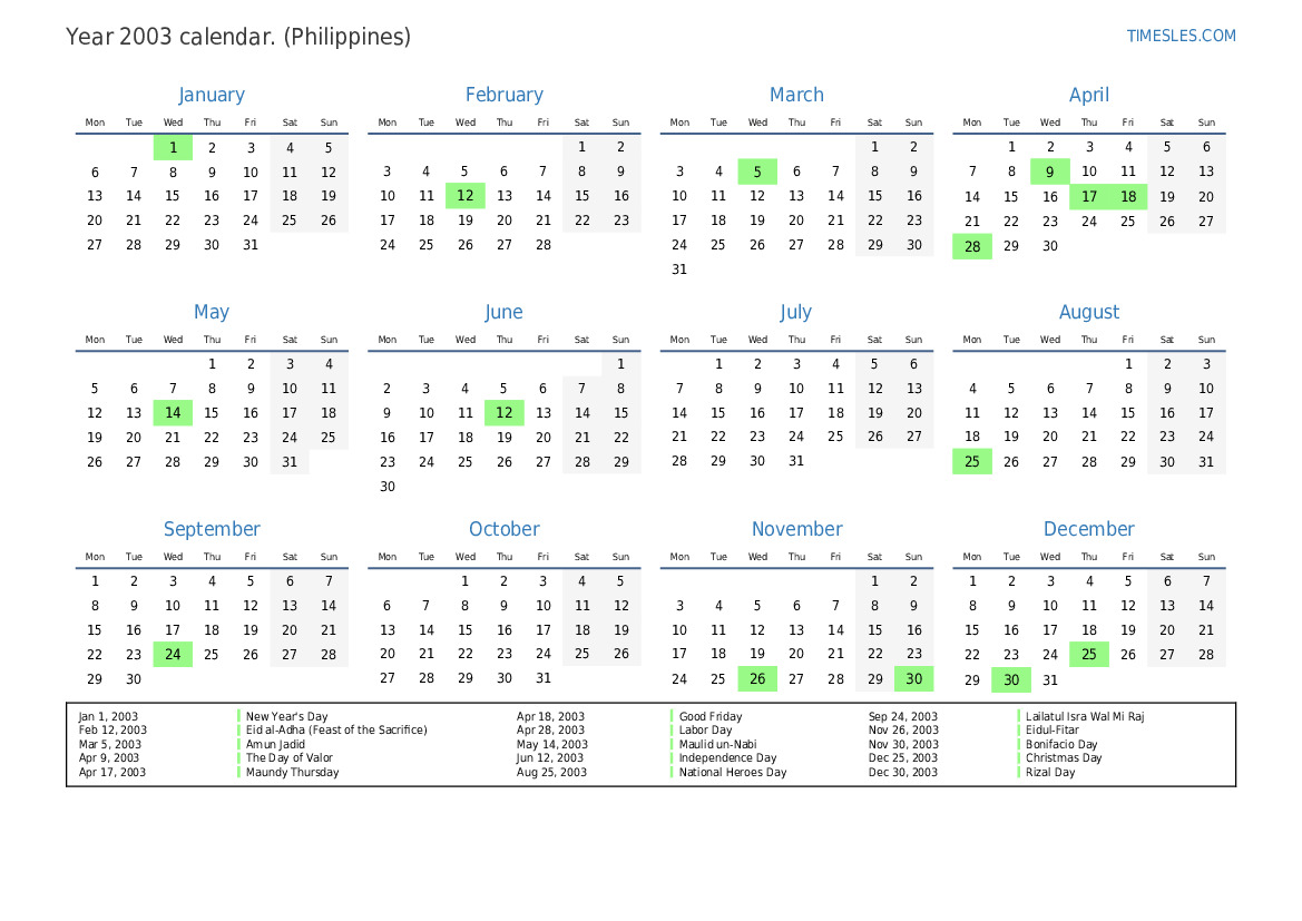 Calendar for 2003 with holidays in Philippines Print and download