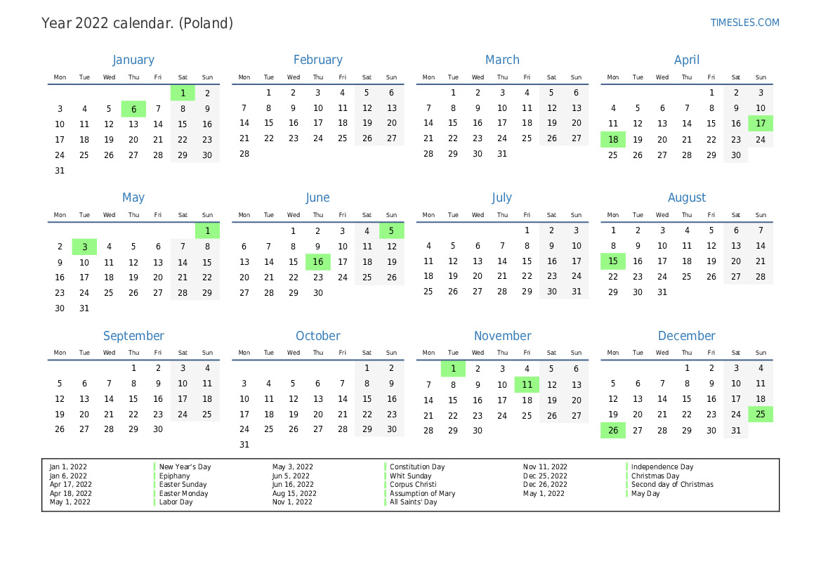 Calendar for 2022 with holidays in Poland Print and download calendar