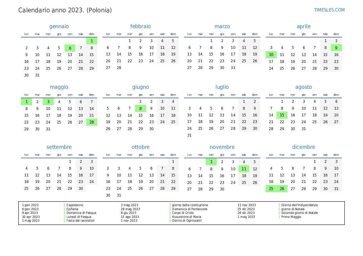 Calendario per il 2023 con giorni festivi in Polonia Stampa e scarica