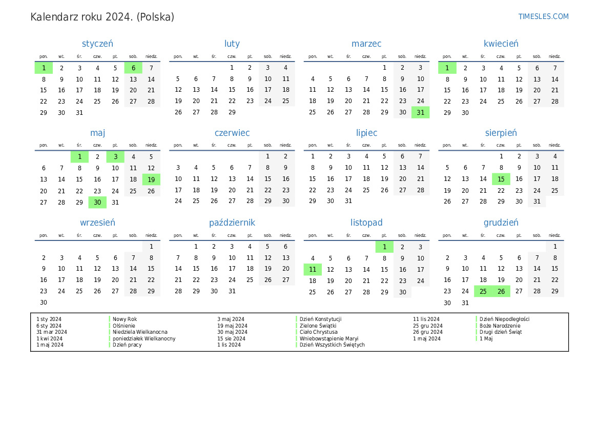 Kalendarz na 2024 rok z wakacjami w Polsce Wydrukuj i pobierz kalendarz