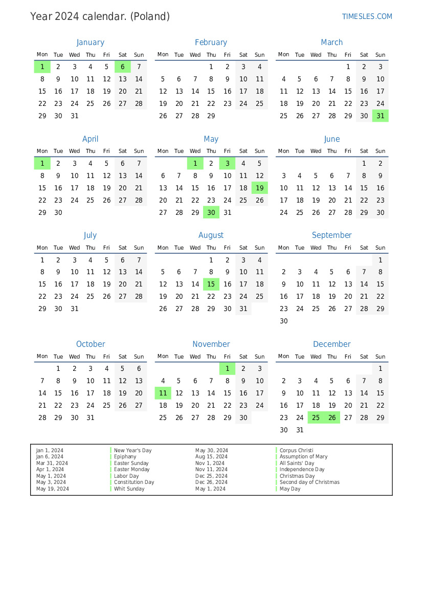 Calendar for 2024 with holidays in Poland Print and download calendar