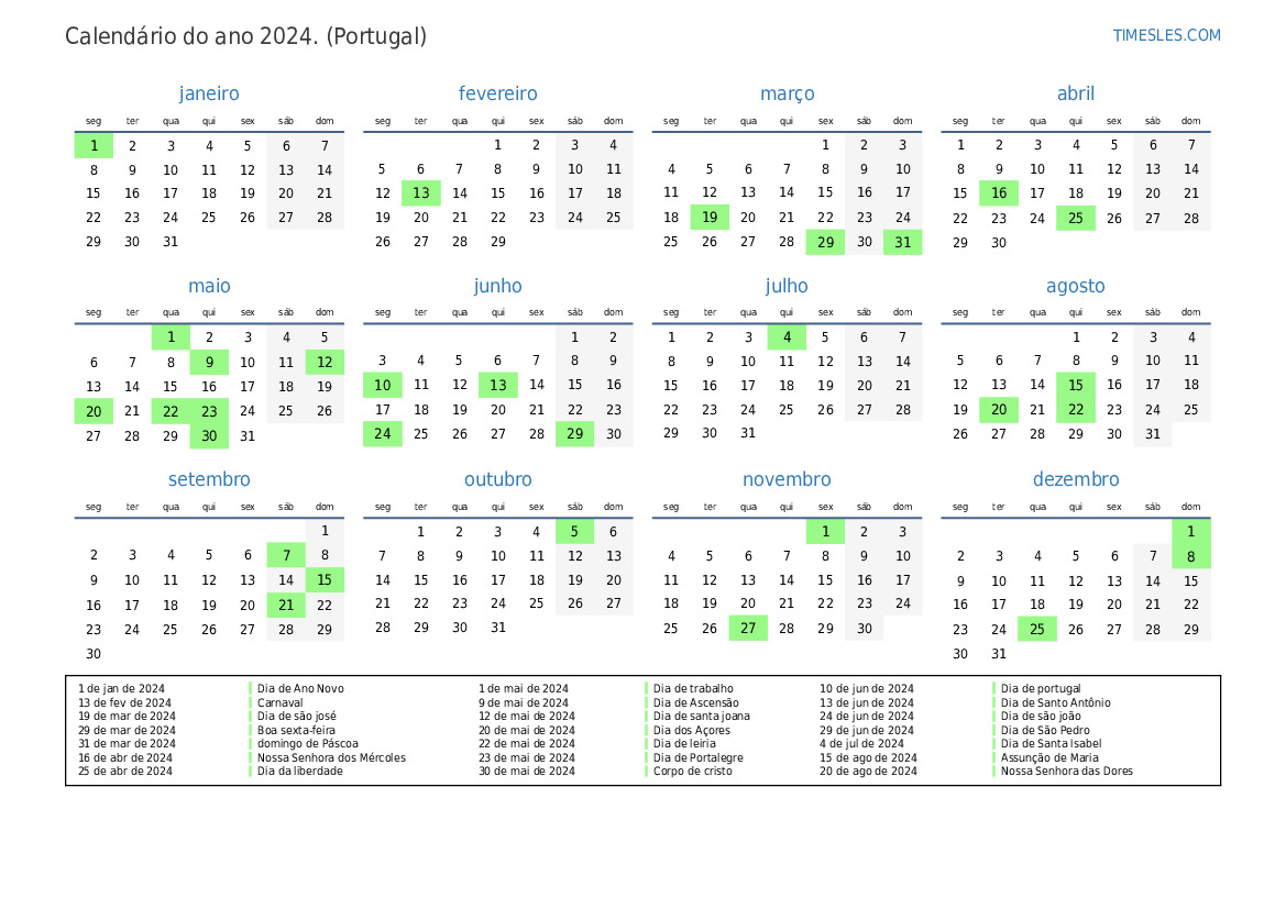 Calendário 2024 com feriados em Portugal Imprimir e baixar calendário