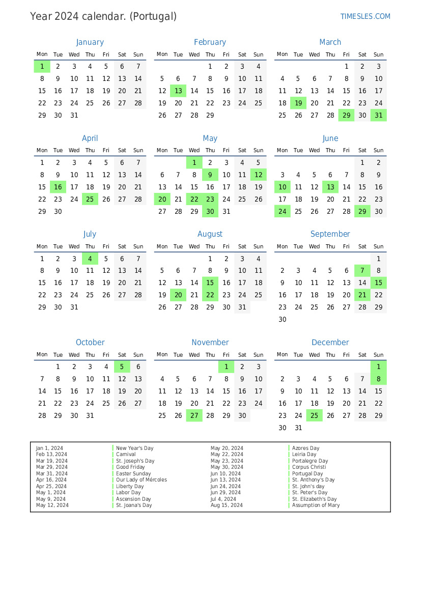 Calendar for 2024 with holidays in Portugal Print and download calendar