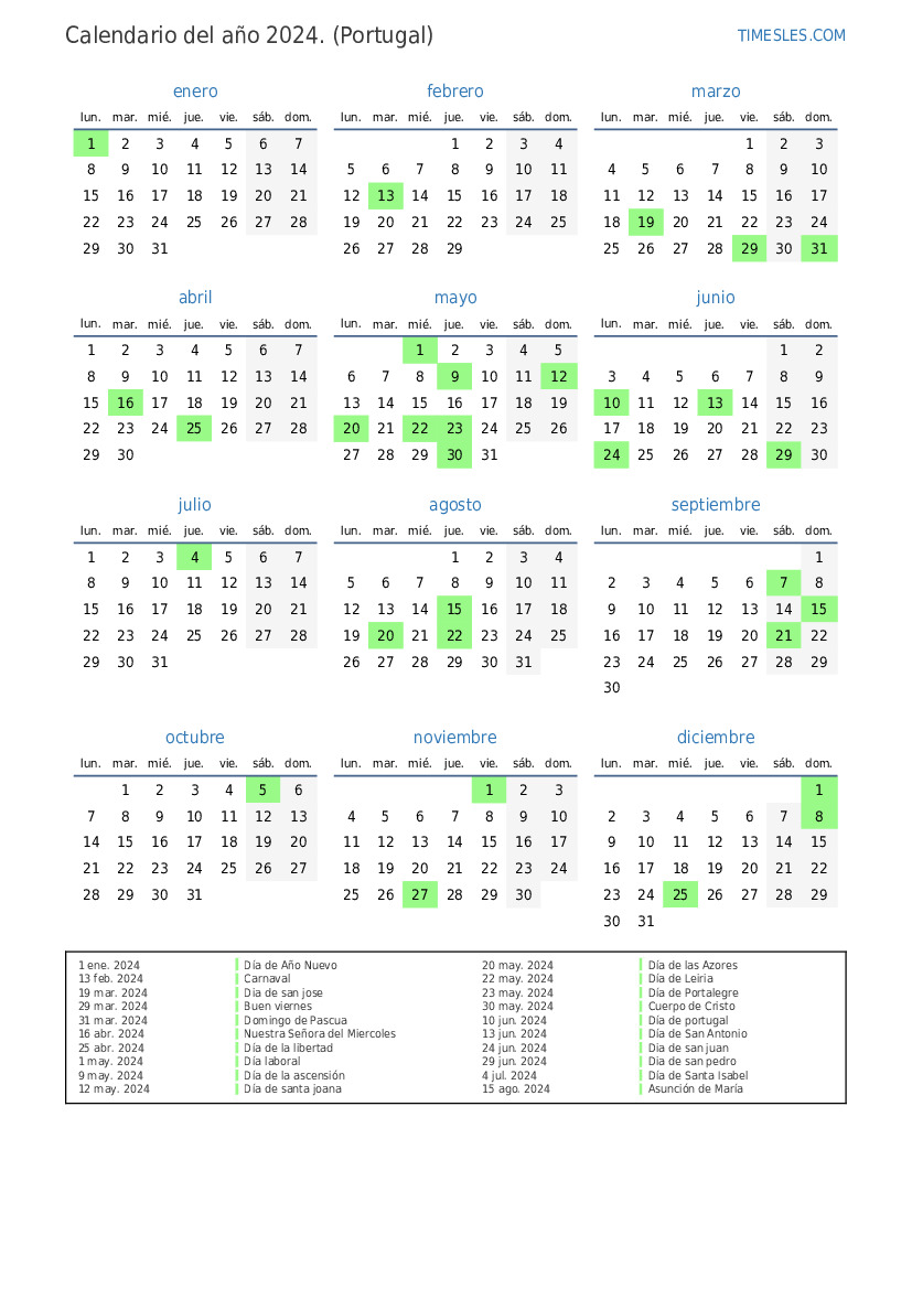 Calendario 2024 con días festivos En portugal Imprimir y descargar