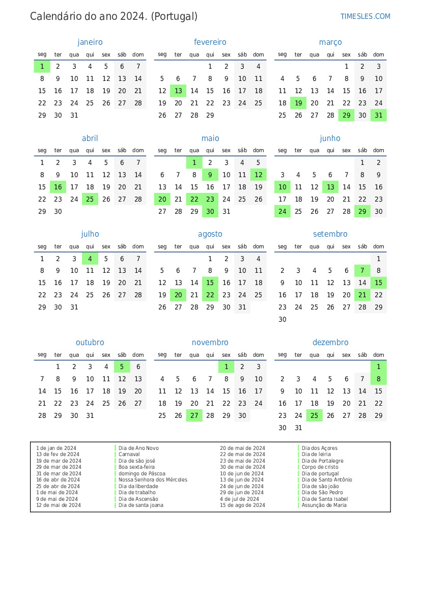 Calendário 2024 Com Feriados Em Portugal Imprimir E Baixar Calendário