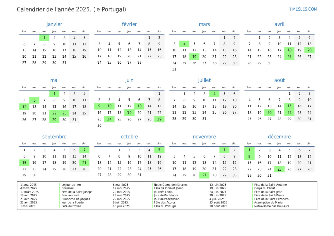Calendrier 2025 avec jours fériés au Portugal Imprimer et télécharger