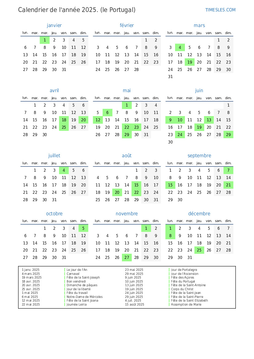 Calendrier 2025 avec jours fériés au Portugal Imprimer et télécharger
