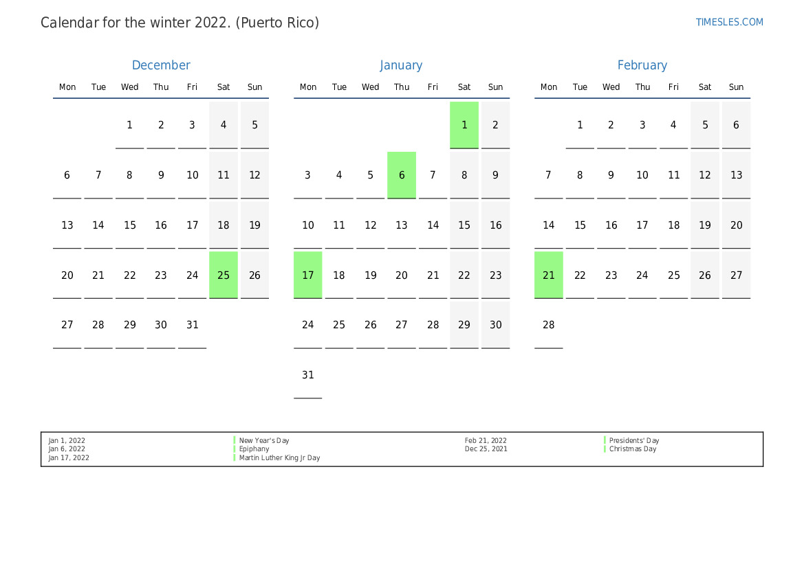 Calendar For 2022 With Holidays In Puerto Rico Print And Download