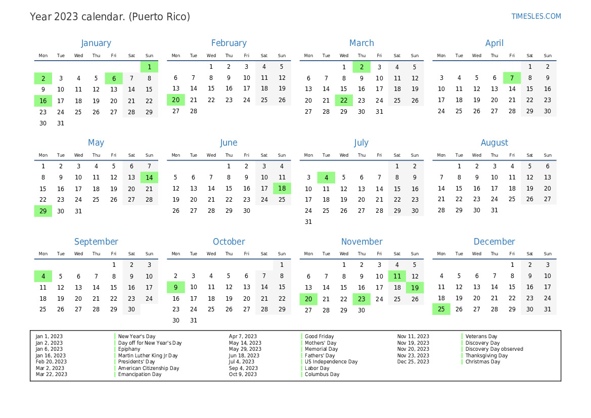 Calendar For 2023 With Holidays In Puerto Rico 
