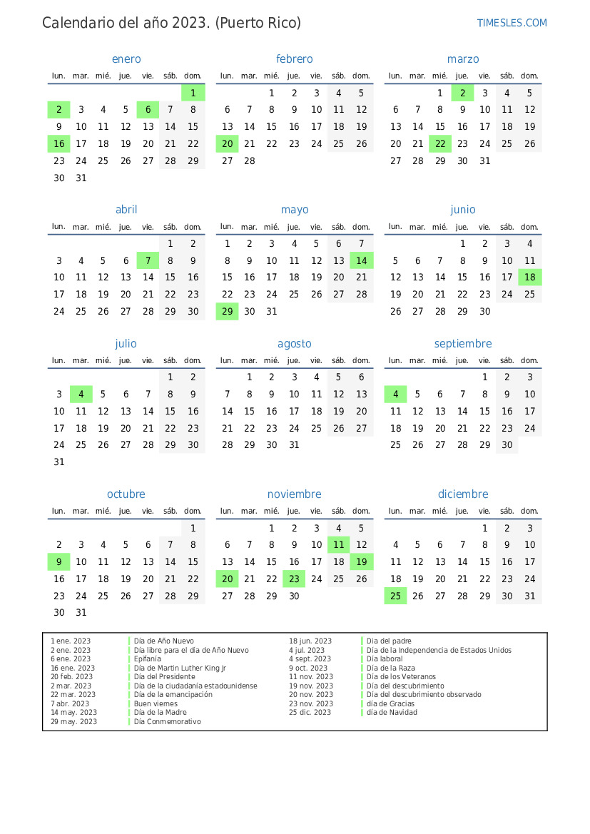 Calendario 2023 con días festivos en Puerto Rico Imprimir y descargar