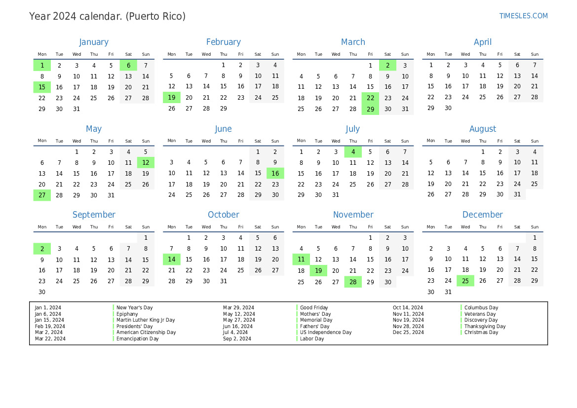 Calendar for 2024 with holidays in Puerto Rico Print and download