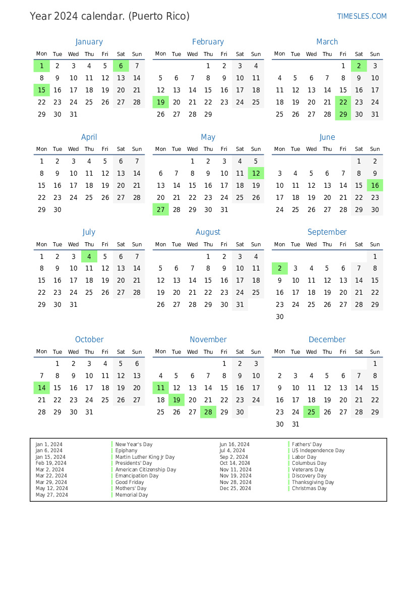 Calendar for 2024 with holidays in Puerto Rico Print and download