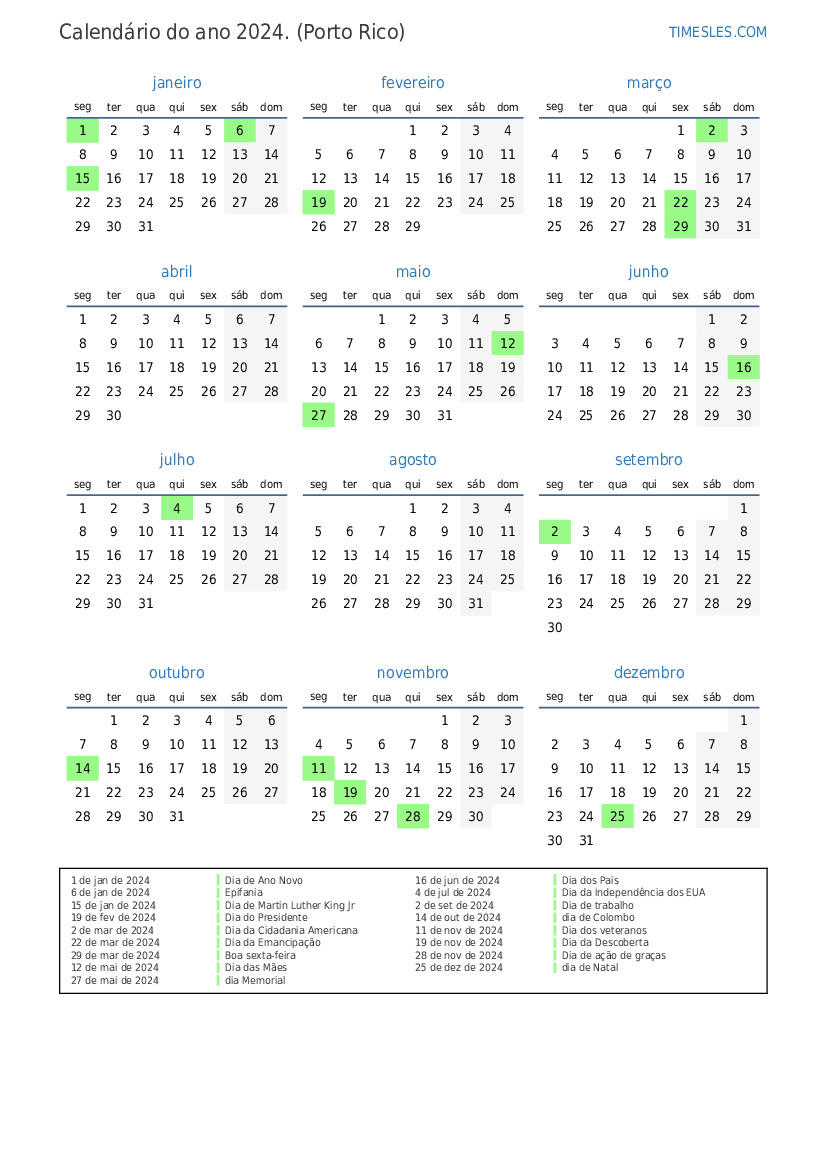 Calendário 2024 com feriados em porto rico Imprimir e baixar calendário