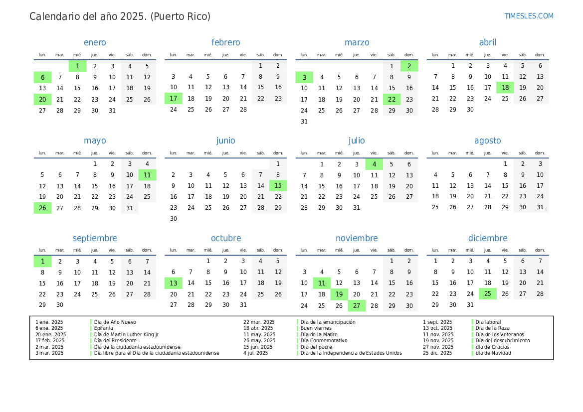 Calendario 2025 con días festivos en Puerto Rico  Imprimir y descargar calendario