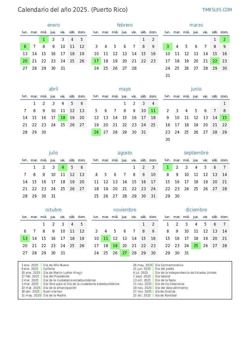 Calendario 2025 con días festivos en Puerto Rico  Imprimir y descargar calendario