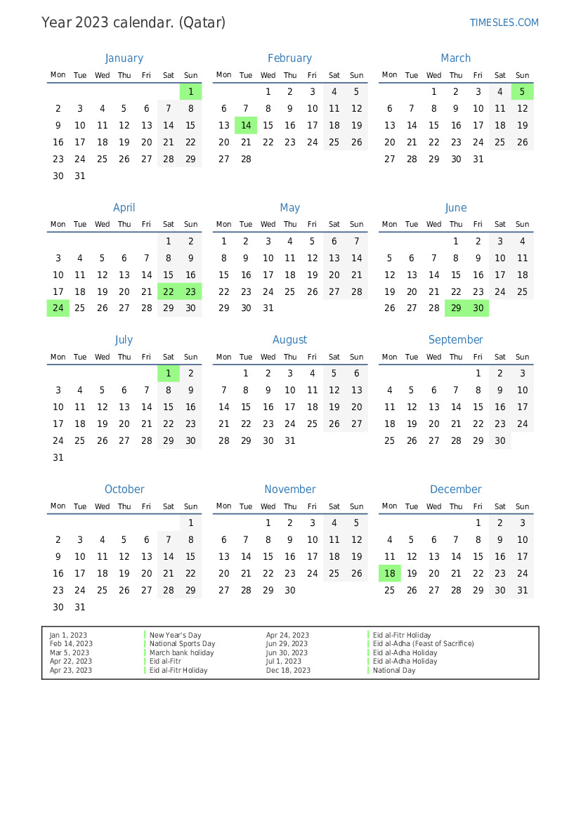 Calendar For 2023 With Holidays In Qatar Print And Download Calendar