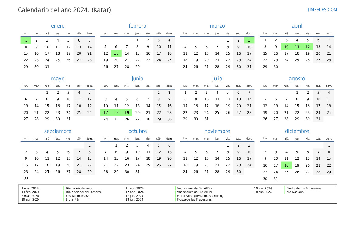 Calendario 2024 con días festivos en Qatar Imprimir y descargar