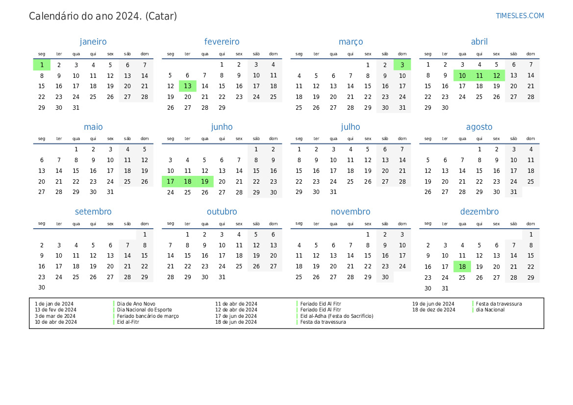 Calendário 2024 com feriados no Qatar Imprimir e baixar calendário