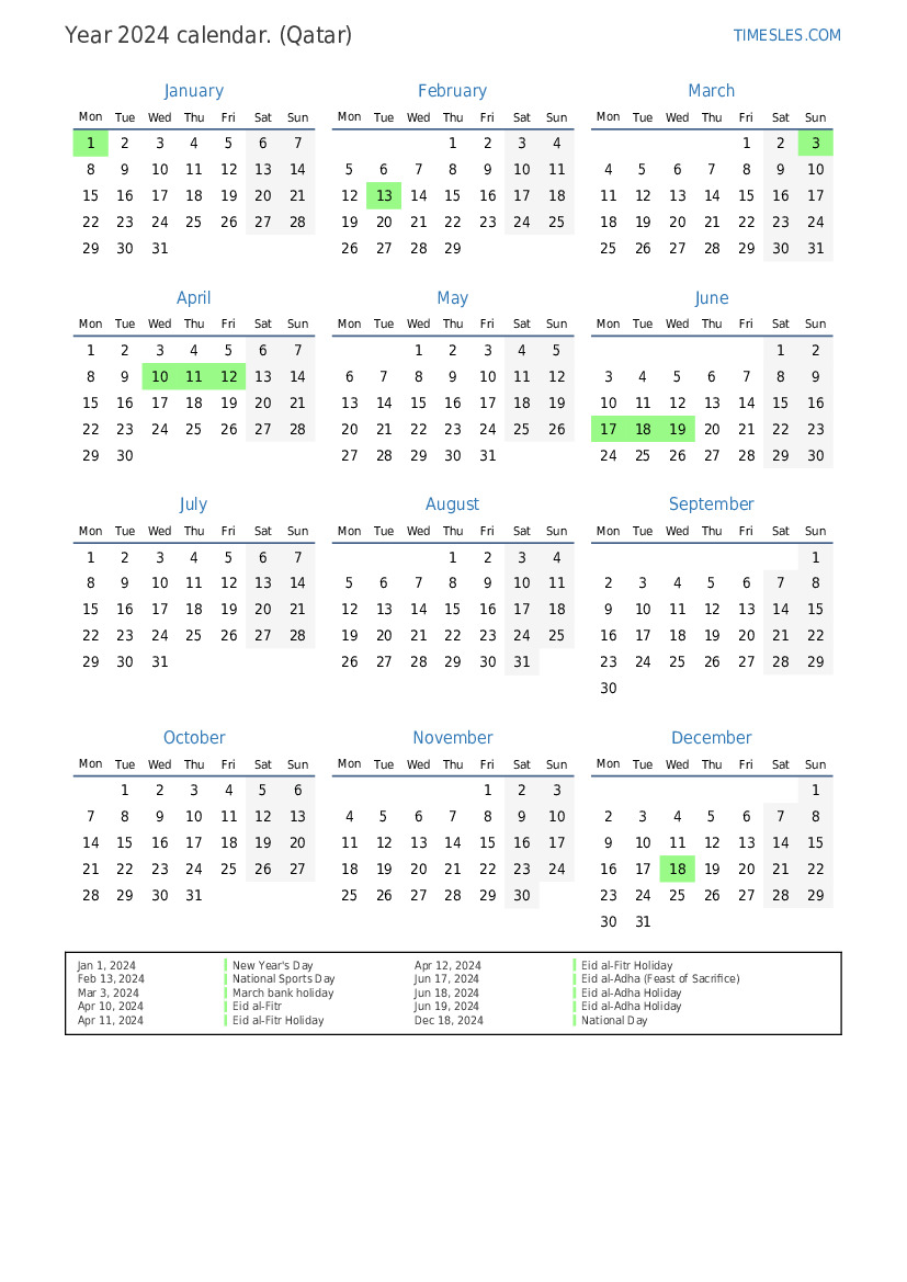 Calendar for 2024 with holidays in Qatar Print and download calendar