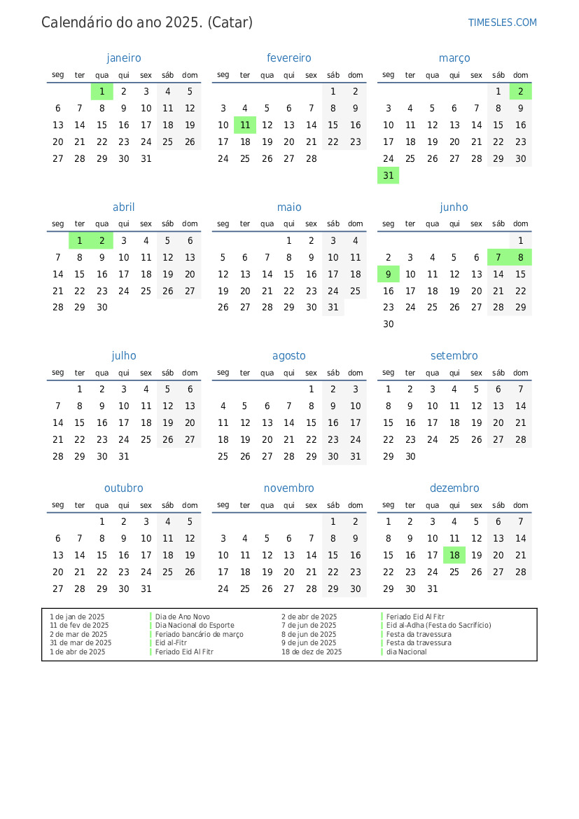 Calendário 2025 com feriados no Qatar Imprimir e baixar calendário
